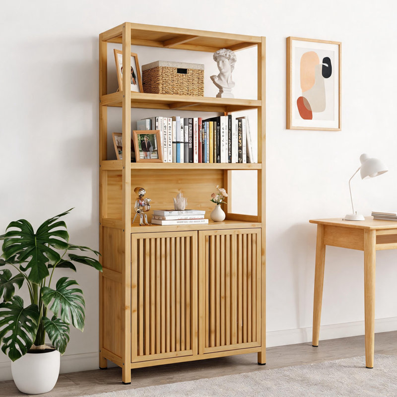 Armoire de rangement autoportante en bambou naturel 64,77 "avec portes magnétiques doubles, armoire de plancher multi-tablettes
