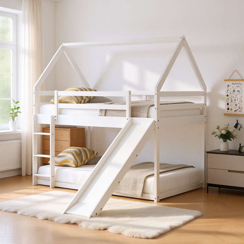 Lit simple superposé avec glissoire et échelle, structure en bois massif avec garde-corps, lit superposé pour chambre d'enfant