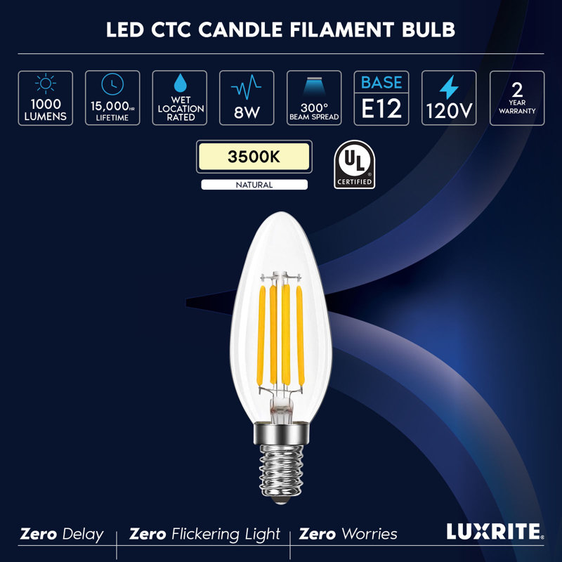 Ampoule candélabre à DEL 8 W LUXRITE, équivalente à 75 W, base E12, luminaire à filament transparent blanc naturel à intensité variable de 1 000 lumens et 3 500 K et emballage humide classé 24