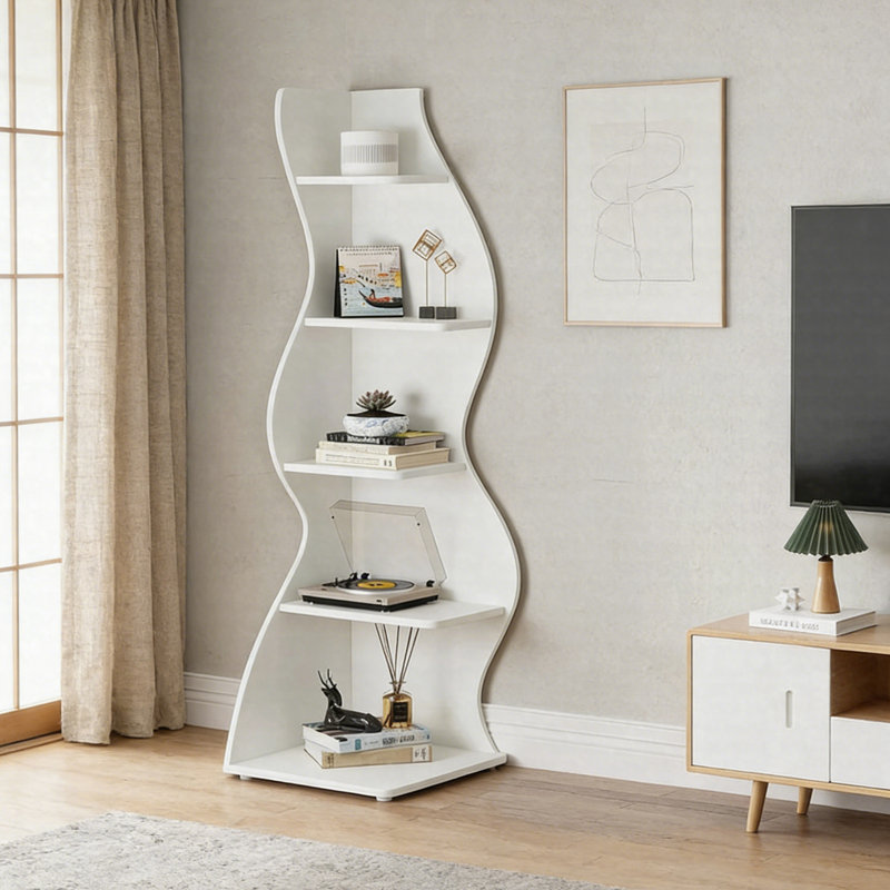 69.8"Height 5-Tier Wavy Corner Bookshelf And Plant Stand For Living Room Small Space, White