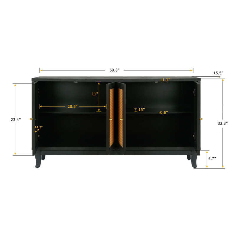 Buffet buffet avec 4 portes en rotin et tablettes réglables
