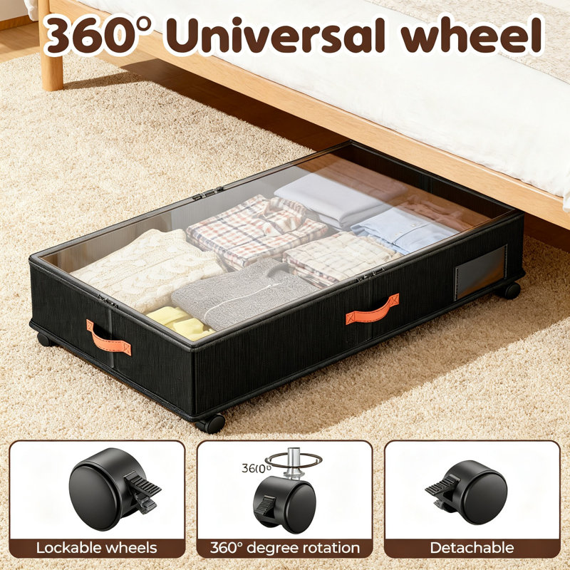 Under Bed Storage Bins with Lids and Wheels, Rolling Storage Drawers for Clothes, Shoes, and Blankets, 2 Pack (Black)