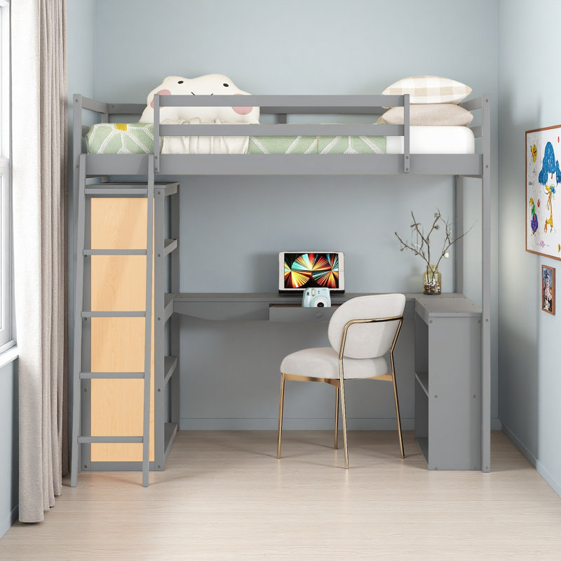 Lit mezzanine double avec échelle, tablettes et bureau