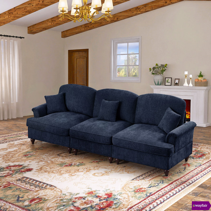 Louai 107.1"W Chenille 3 seater sofa with Removable Ruffles Pleats Skirts and Spindle Legs, Blue Chenille