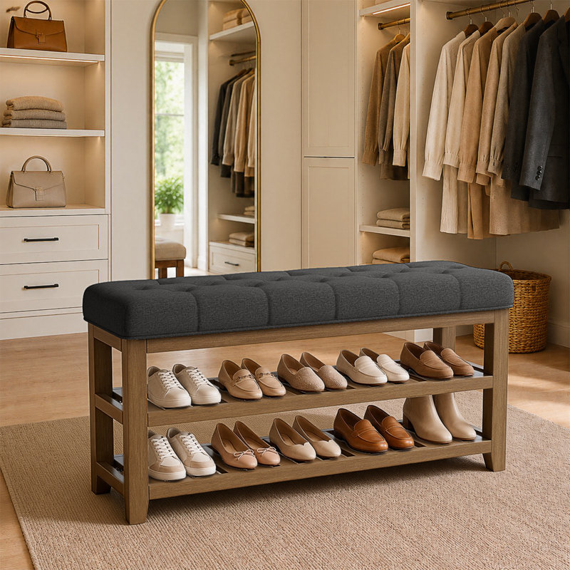 Upholstered Bench with Shelves, 45.28 inch, Dark Grey