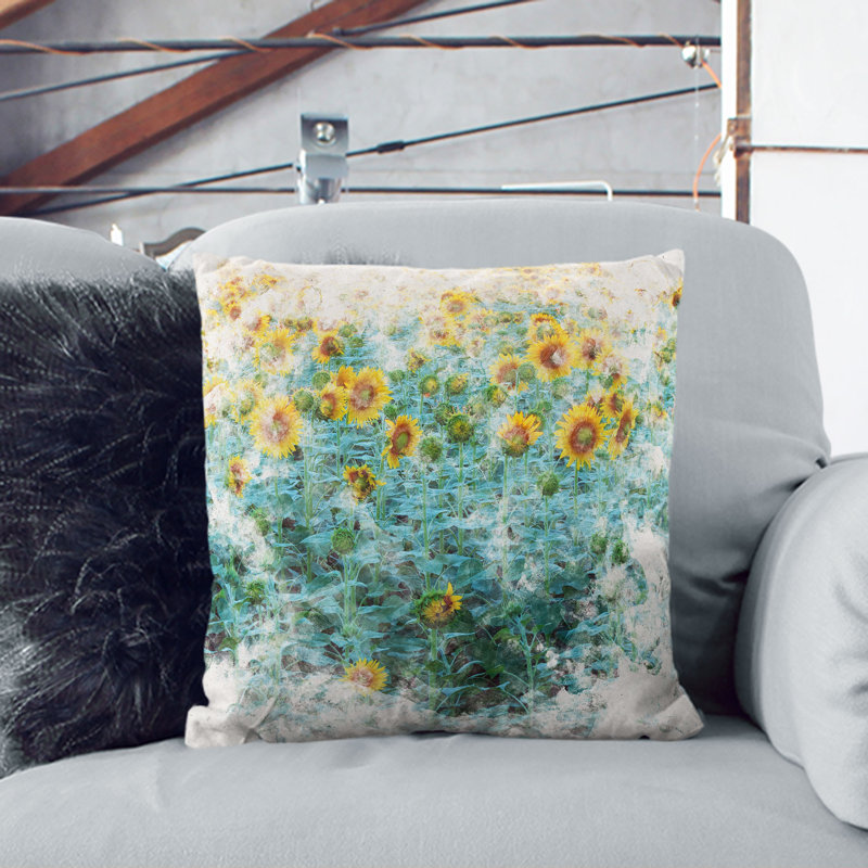 Sunflowers Soon to Bloom Watercolour Cushion with Filling, 40cm H x 40cm W x 15cm D, Black