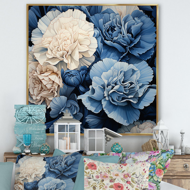 " White Blue Carnations Arrangement VI ", 30" H x 30" W x 1" D, Gold Floater Frame