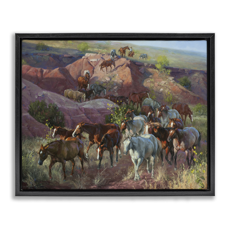 Toile de cheval à travers les falaises du désert, art mural par Jack Sorenson, H 17 po x l 21 po, Cadre flottant noir de jais
