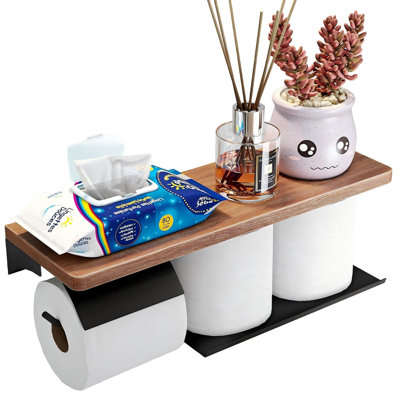 Double porte-papier hygiénique double avec large tablette en bois massif, noir