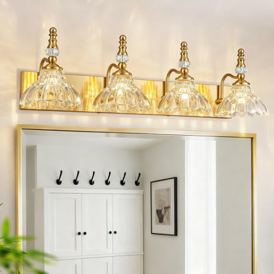Luminaire de meuble-lavabo de salle de bain rétro avec abat-jour en verre floral, applique murale à 4 lumières au fini doré pour éclairage de miroir, éclairage de salle de bain de style industriel