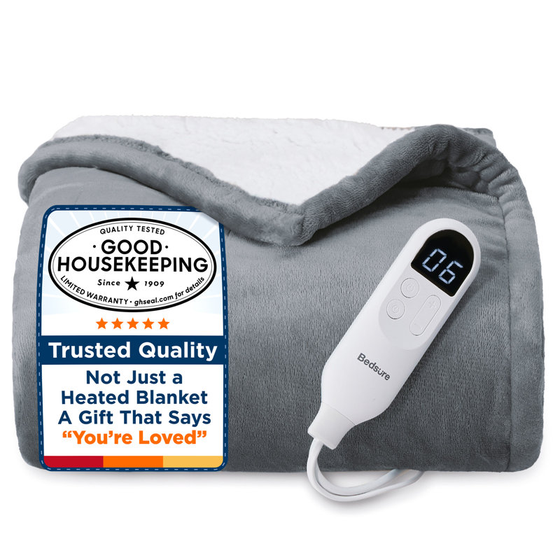 Winter Electric Blanket Soft Flannel Heated Blanket, Fast Heating with 10 Time Settings & 6 Heat Settings, Full, Classic Grey
