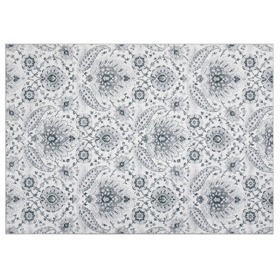 8x10 Area Rugs Washable Boho Rug Non Slip Low Pile Non Shedding Carpet for Living Room Vintage Floral Dining Room Carpet Foldable Soft Low Pile Home Office Decor for Bedroom Grey