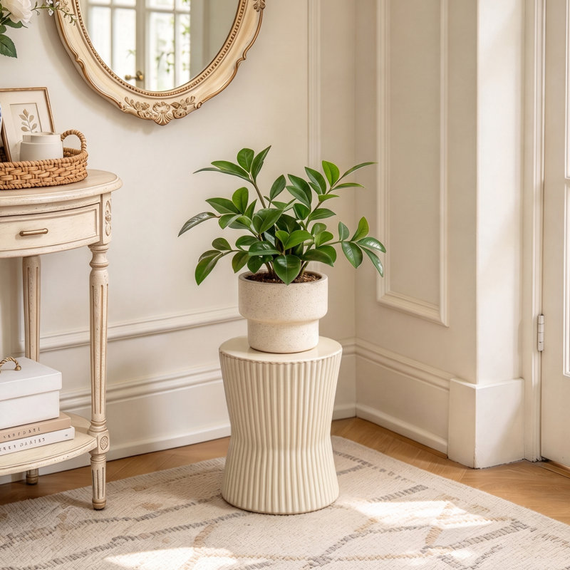 Support à plantes moderne en céramique crème cannelée de 11,61 po de hauteur pour patio et salon,