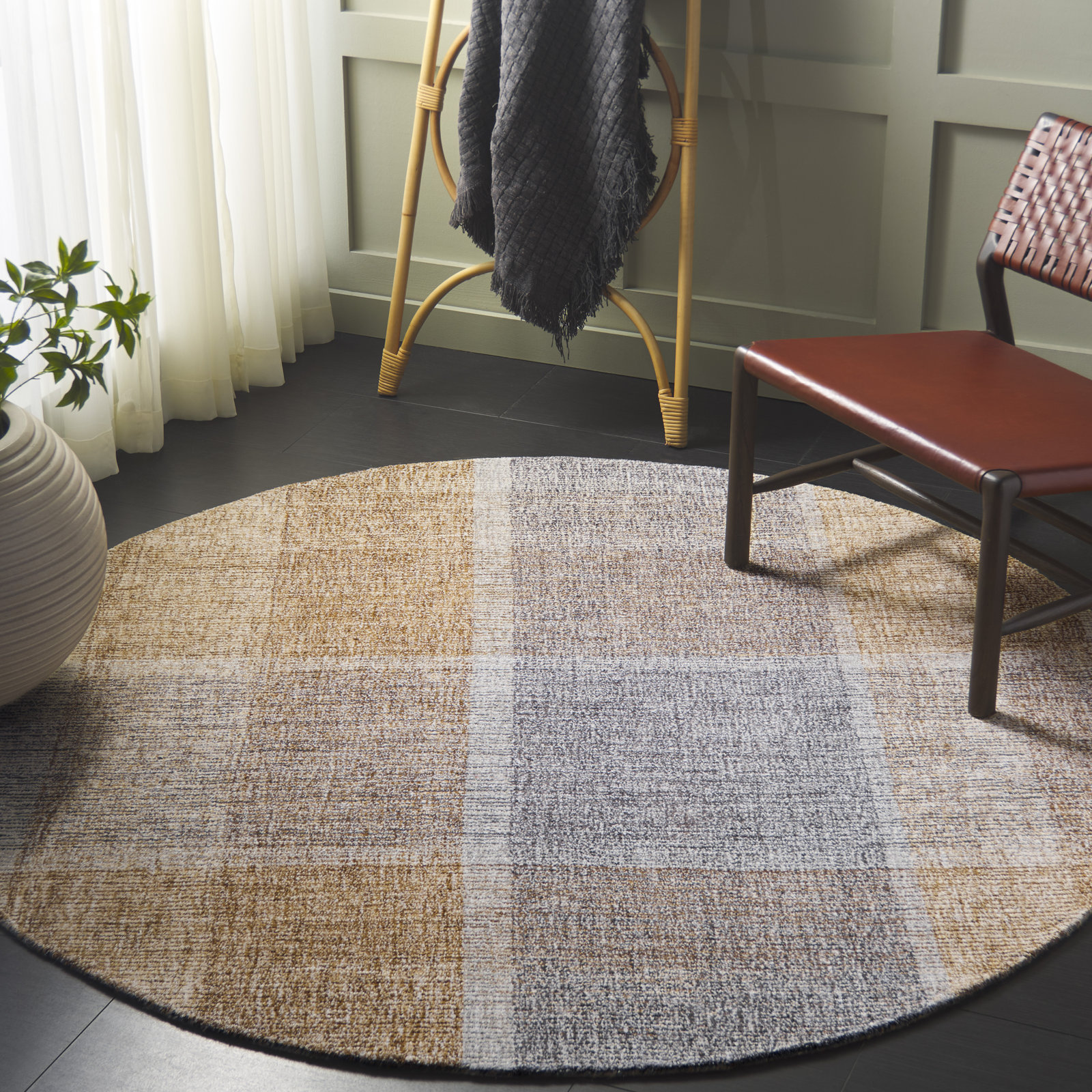 Light Brown Blue Hand-Tufted Geometric Wool Rug, Round 6'
