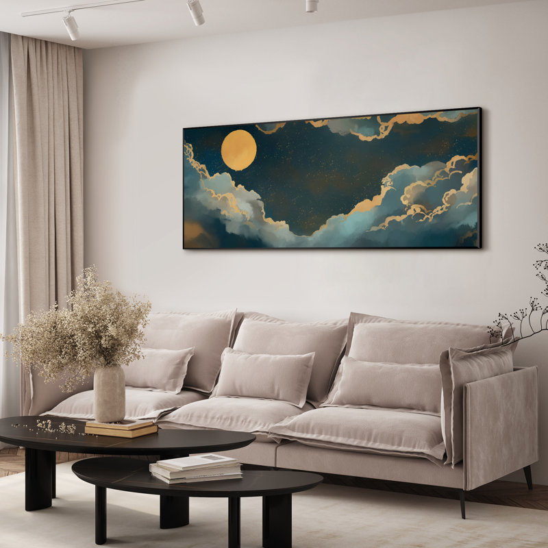 Celestial Moon with Night Clouds Dreamy Sky Illustrations Extra Large Framed Wall Art Print Decor (Frame Assembly Required)