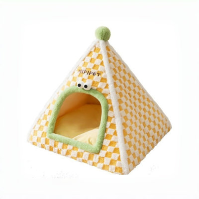Lit pour animal de compagnie triangulaire à carreaux jaunes avec des yeux mignons, un lit-bateau pour chat doux et moelleux, une cabane intérieure pour les petits chiens et les chatons