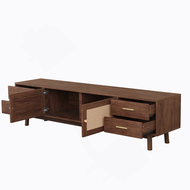 Meuble télé moderne avec portes en rotin pour téléviseur de 80 po ou moins, console multimédia avec tiroirs de rangement et trous de câbles pour le salon