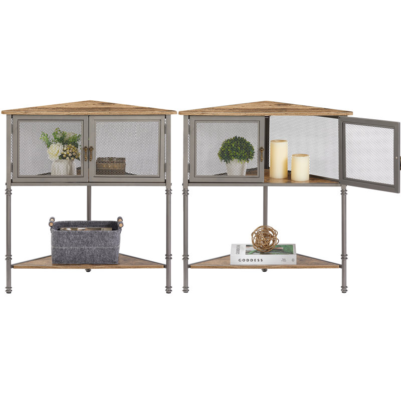 Set of 2 Corner End Tables, 2 Pack Farmhouse Corner Tables with Storage Cabinet, Industrial Triangle Side Tables Set of 2 with Mesh Doors & Shelf, Rustic Small Space Accent Tables for Living Room Bedroom