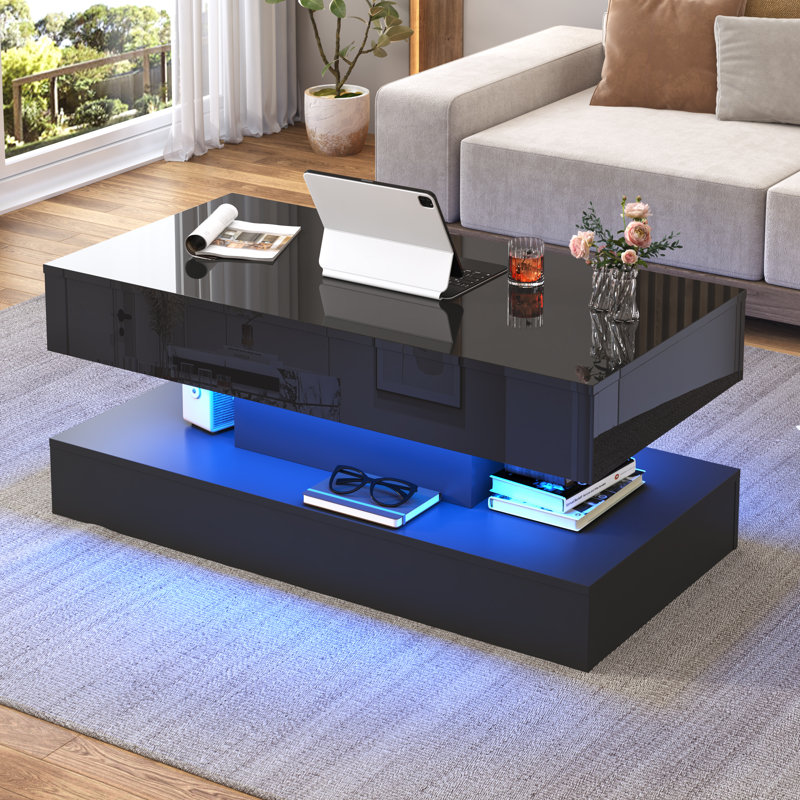 Table basse à plateau relevable de 47,3 po avec lumières DEL RVB APP, station de charge USB et CA, table de rangement haute brillance réglable en hauteur pouvant supporter 180 lb