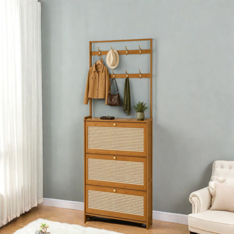 Armoire de rangement pour chaussures moderne, tiroirs en rotin de bambou avec crochets pour le vestibule