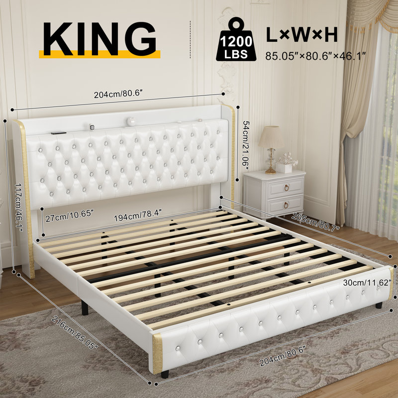 Modern Wingback Upholstered Platform Bed Frame With Galaxy Projector, LED Bed Frame, Sturdy Noise Free Design, Headboard With Star Accents, Easy Assembly, No Box Spring Needed, Keyt