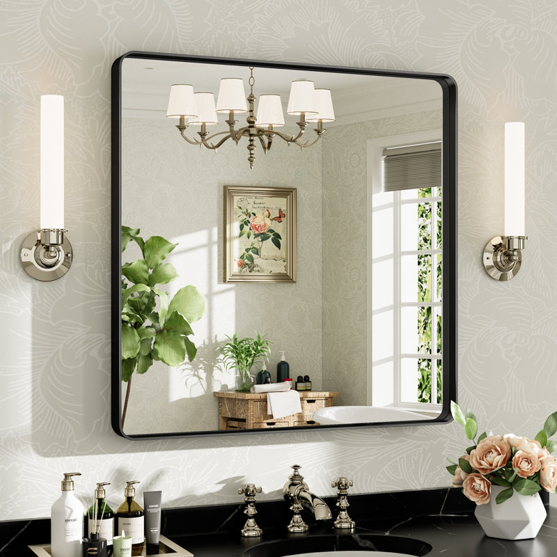 Miroir de salle de bain mural Llesenia, 32 po x 32 po, Noir mat, Carrée