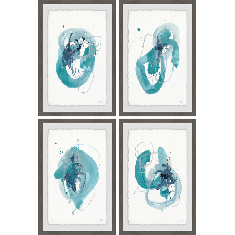 Turquoise Drips - ensemble de 4 reproductions encadrées sur papier, H 18 po x l 12 po x L 1,5 po