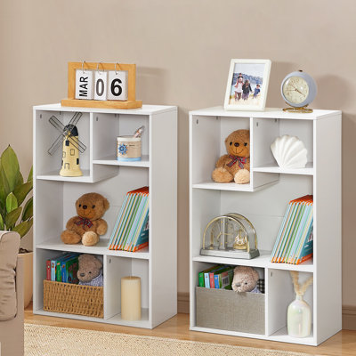 (Set of 2) Modern Cube White Bookcase Vertical Horizontal Irregular Open Shelf Bookcase