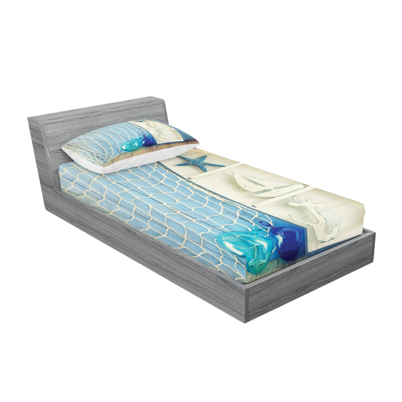 Drap-housse et coussin décoratif Ambesonne, bleu et blanc, Ensemble de draps pour lit simple TG + 2 taies d'o