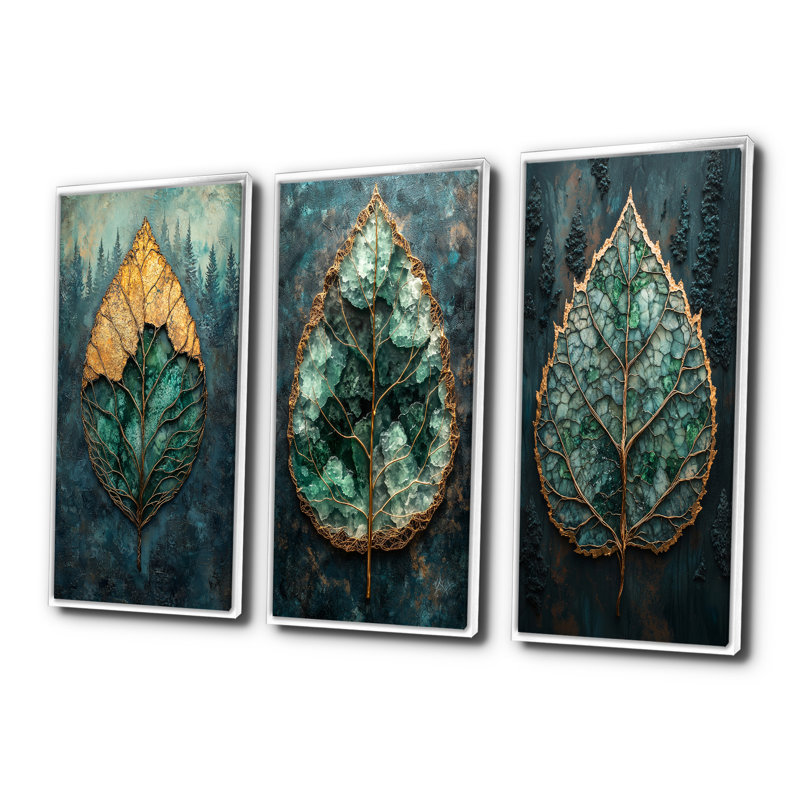 Feuilles d'émeraude modernes Enery Of The Forest I - Collection de reproductions sur toile 3 pièces, H 28 po x l 36 po, Blanc