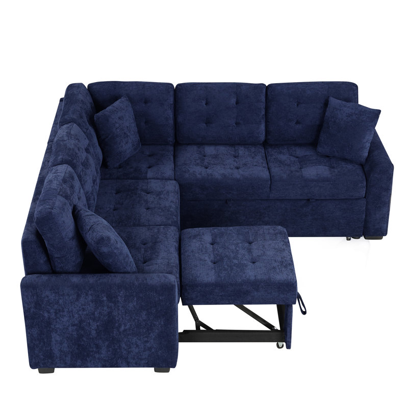Canapé-lit escamotable en forme de L 82,6 po avec roulettes, ports USB, prises de courant pour salon, bleu marine