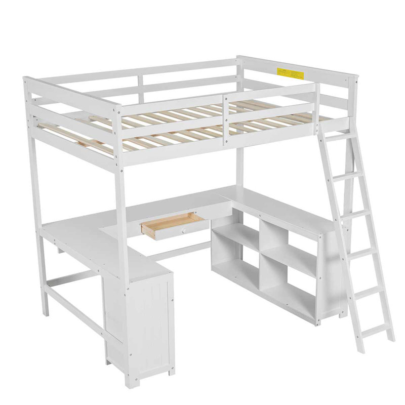 Lit mezzanine en bois avec bureau en U, tiroirs et tablettes de rangement, Lit double