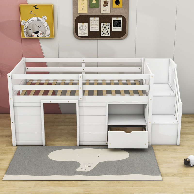 Jadalyse Kids Twin 1 Drawers Wood Loft Bed with Shelves, White