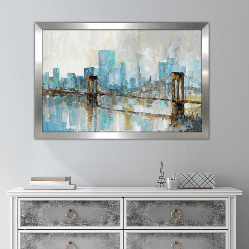 Teal City Shadows par - Peinture, Encadrement argenté, H 27,5 po x l 39,5 po x P 0,75 po
