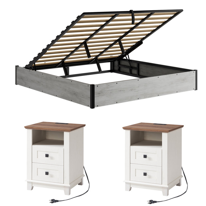 Ensemble de chambre à coucher de ferme 3 pièces avec cadre de lit très grand et 2 tables de chevet, blanc rustique