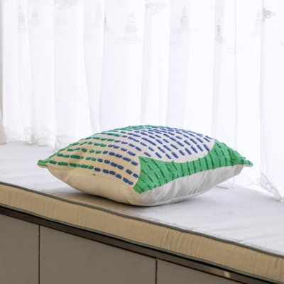 16" Handwoven Cotton Throw Pillow Cover with Ribbed Line Dots and Wave Border without Cushion
