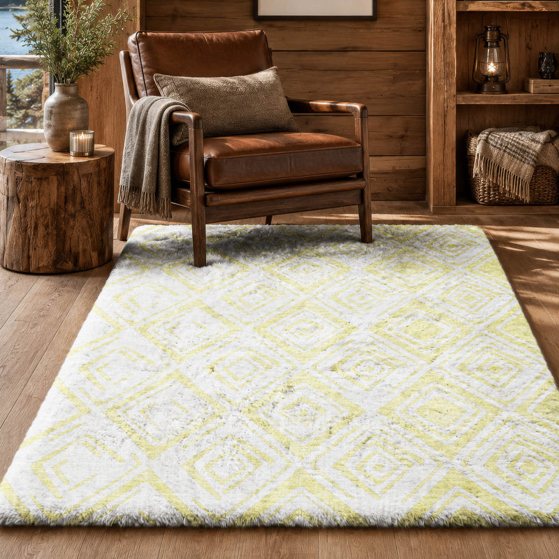 Tapis Dream Shag ADS733 à motif diamant, lavable à la machine et de qualité supérieure, Yellow, 9 pi x 12 pi