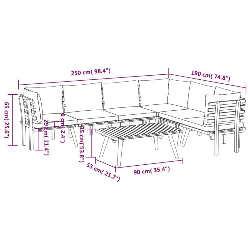 Chaise longue avec coussins 4 pièces Damita, 7 pièces: 3 en coin, 3 au milieu, table