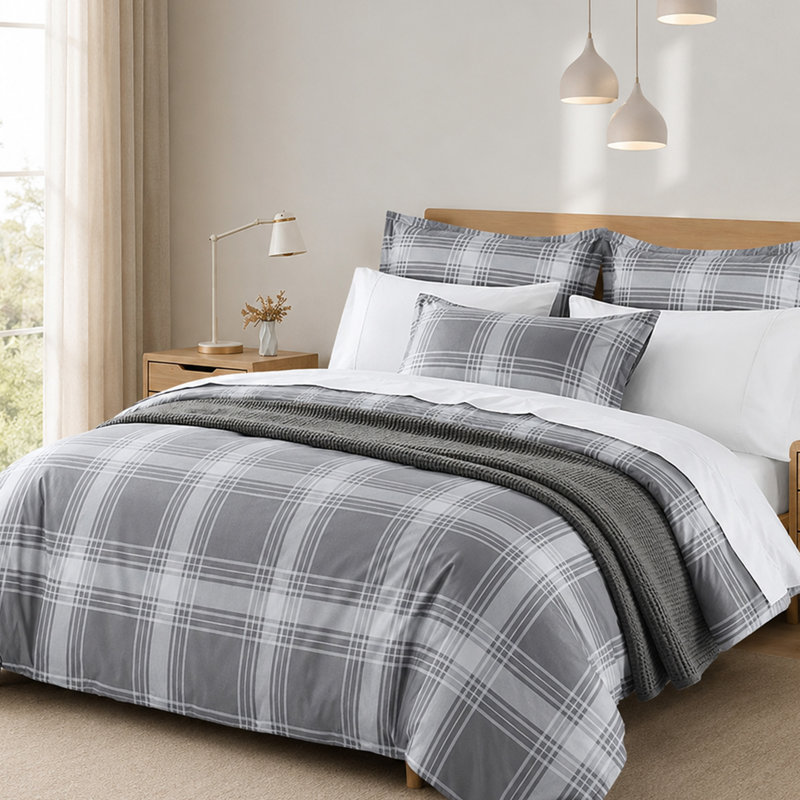 Aspire Homeware Grey Check Duvet Cover Set, King (230cm Width X 220cm Length)