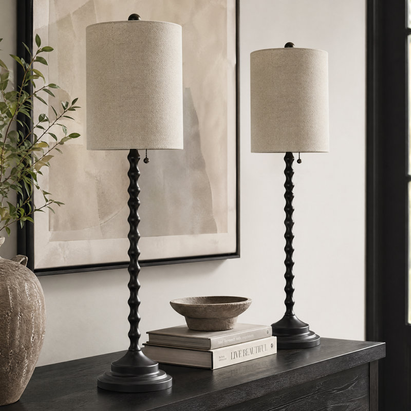 Ensemble de 2 lampes de table Farmhouse Buffet, grandes bases en métal avec abat-jours cylindriques en lin, éclairage décoratif artistique pour consoles, vestibules et buffets
