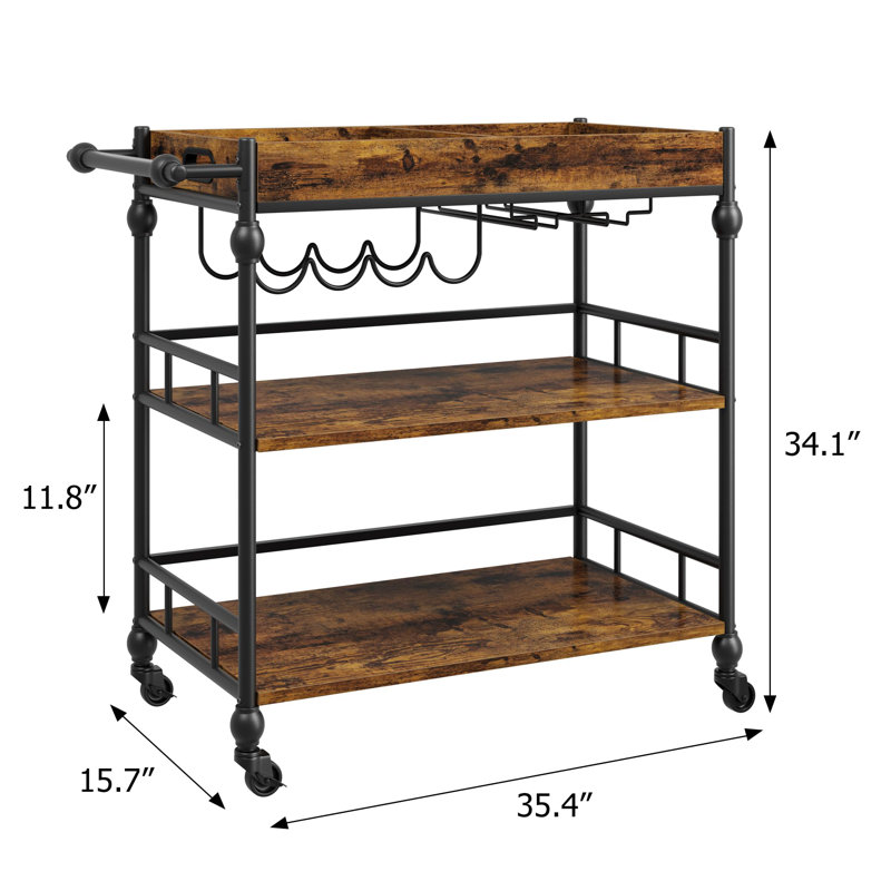 3-Tier Bar Cart with Wheels, Metal Rolling Serving Cart with Wine Rack and Removable Tray for Kitchen, Dining Room, and Living Room