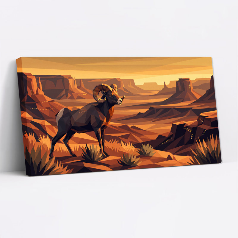 Mouflon d'Amérique en low poly dans un canyon du désert orange - Toile murale, L 58 po x H 28 po