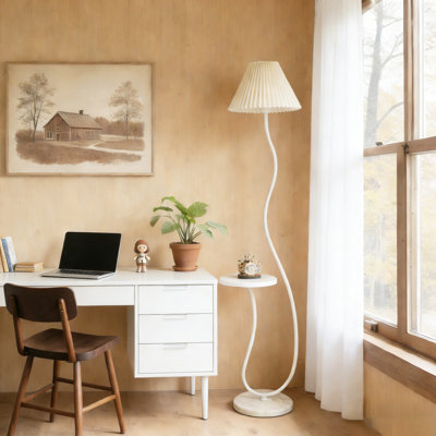 Modern Minimalist Table Floor Lamp Pleated Shade Standing Lamps With Marble Base & Side Table