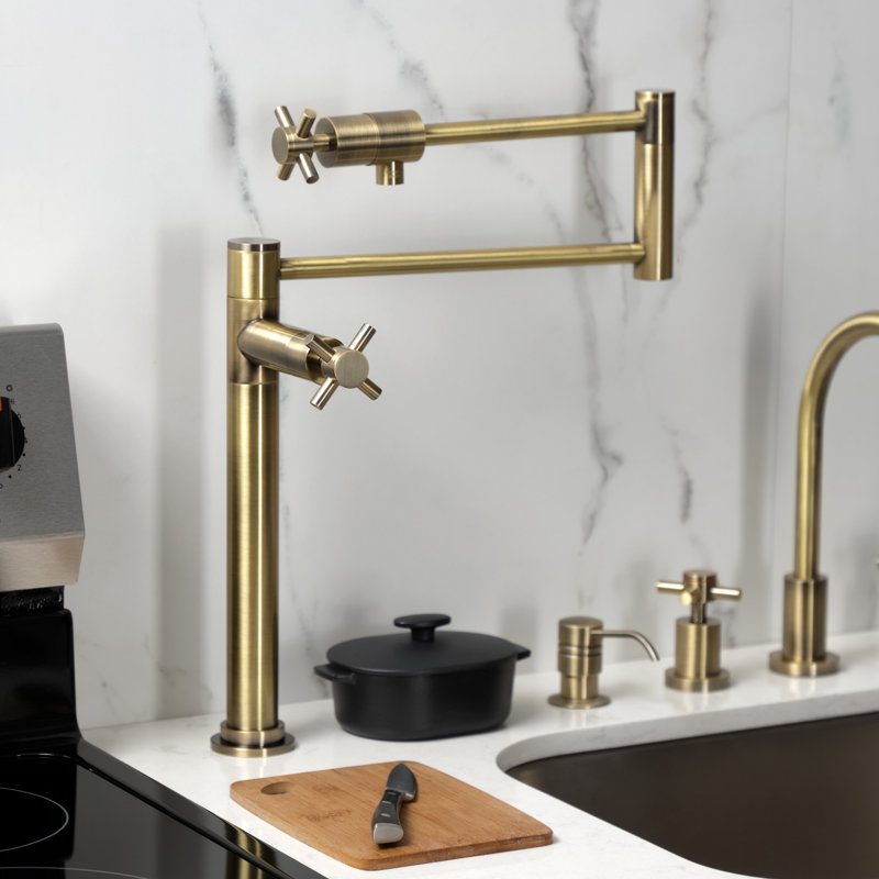 Kingston Brass Concord Two-Handle 1-Hole Deck Mount Pot Filler Faucet, Cross Handle, Antique Brass