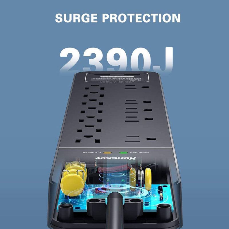 Multiprise Huntkey SMC127 avec 12 prises CA et 2 ports de charge USB, blanc, Paquet de 1, Noir
