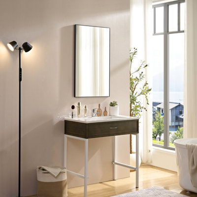 Noir brillant, cadre en métal moderne, miroir de meuble-lavabo, 60 po x 22 po, transparent et non déformé, cadre étroit de luxe, cadre auto-adhésif 60 po x 22 po, carré noir, verre flotté haute définition, rouille 360