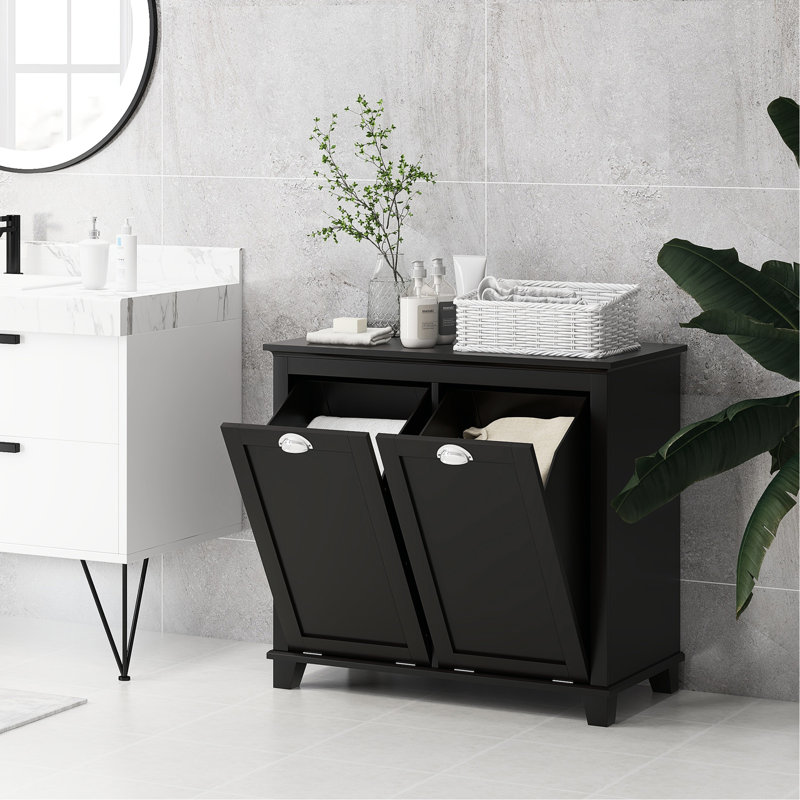 Bathroom Storage With Tilt Out Hamper, Dual Compartment. Modern Washroom Floor Cabinet, Black. Spacious Towel Storage. Separate For & Dark Items. Construction, Water-. Toppling. Wall-Fixable