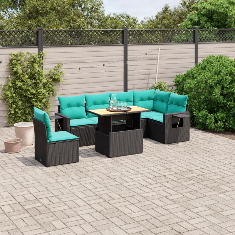  Ensemble de canapé de patio 7 pièces avec coussins en rotin de polyester, Noir, Vert