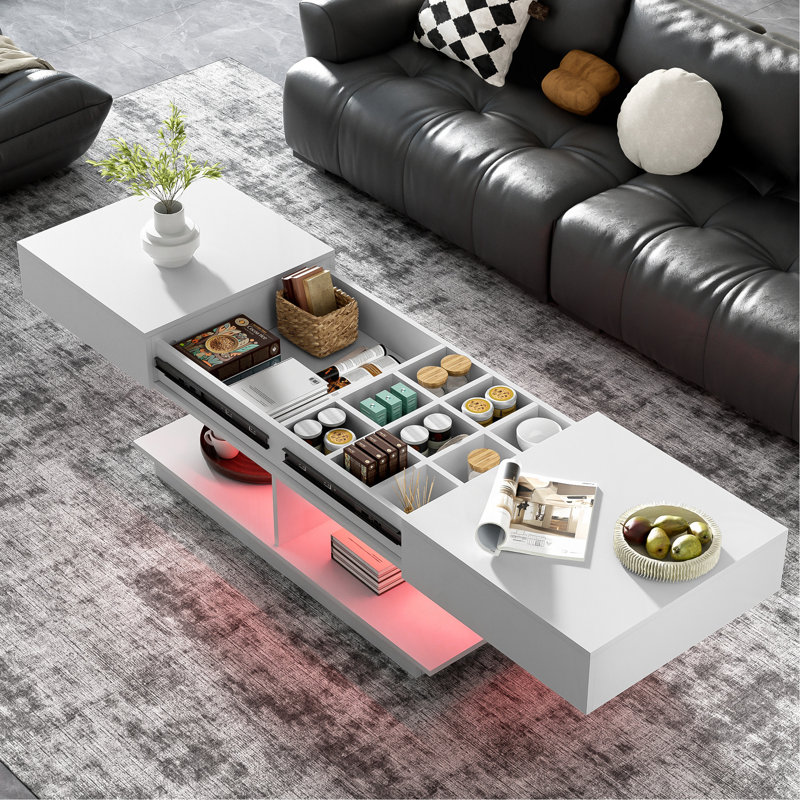 Table basse extensible de 41,3 po à 76,7 po, table basse centrale efficace avec plusieurs compartiments de rangement, table basse réglable multifonctionnelle avec espace de rangement caché pour le salon