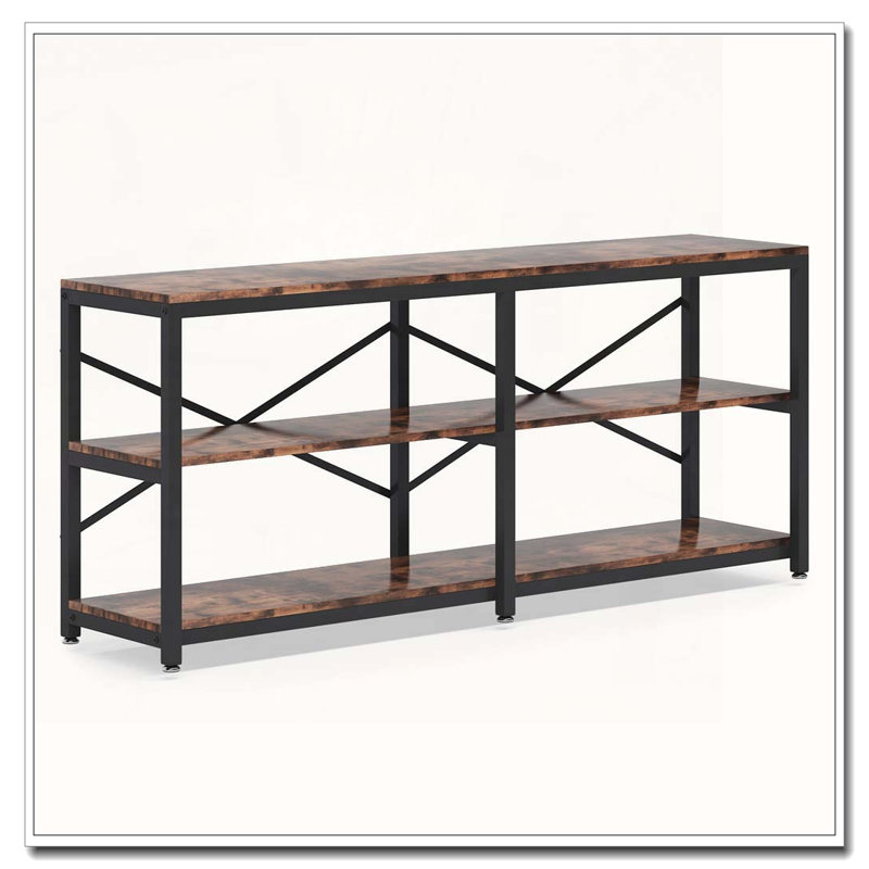 Industrial Three-Tier Console Table with X-Frame Metal Storage Design, Rustic Brown
